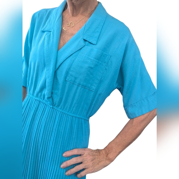 VINTAGE S.L. Petites Bold Color Pleated Pinup 80s Fashion Office Blouson Dress - Picture 4 of 7